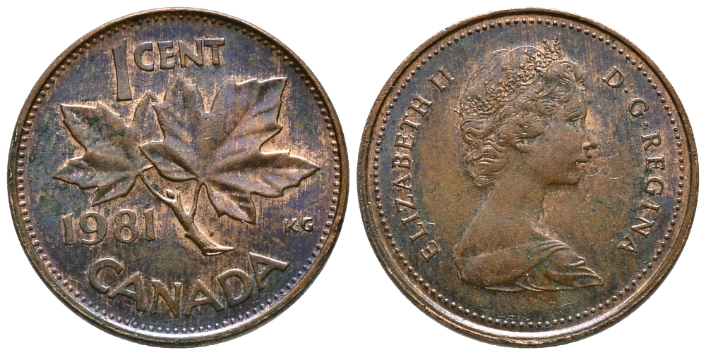 Канада 1 цент 1981 Елизавета II (1952-2022), кленовый лист KM 127 бронза 54-944