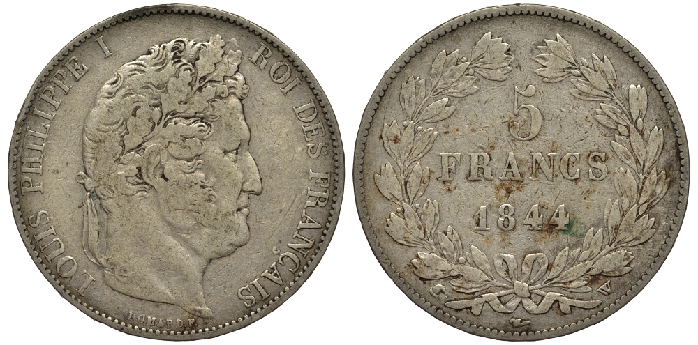 Франция 5 франков 1844 W, Луи Филипп I (1830-1848) KM 749.13 серебро    1530-1014
