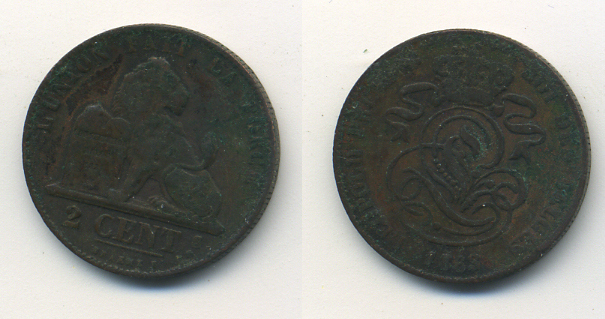 БЕЛЬГИЯ 2 САНТИМА 1863 BELGES KM 4.2 медь 35-1456