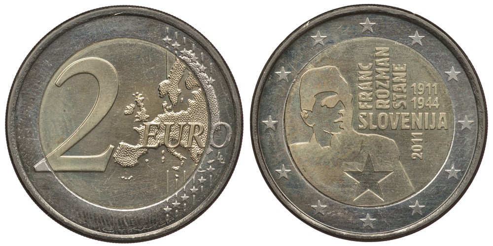 СЛОВЕНИЯ 2 ЕВРО 2011 100 ЛЕТ СО ДНЯ РОЖДЕНИЯ ФРАНЦА РОЗМАНА - СТАНЕ KM 100 биметалл UNC 3856-724