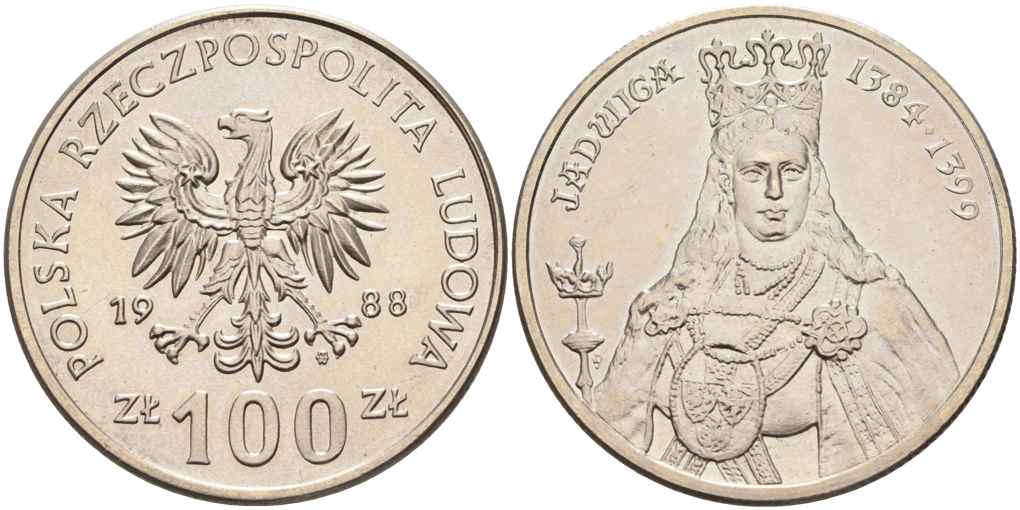 Польша 100 злотых 1988 MW, серия Польские правители, королева Ядвига (1384-1399) KM 183 медно-никель  UNC  4149-234