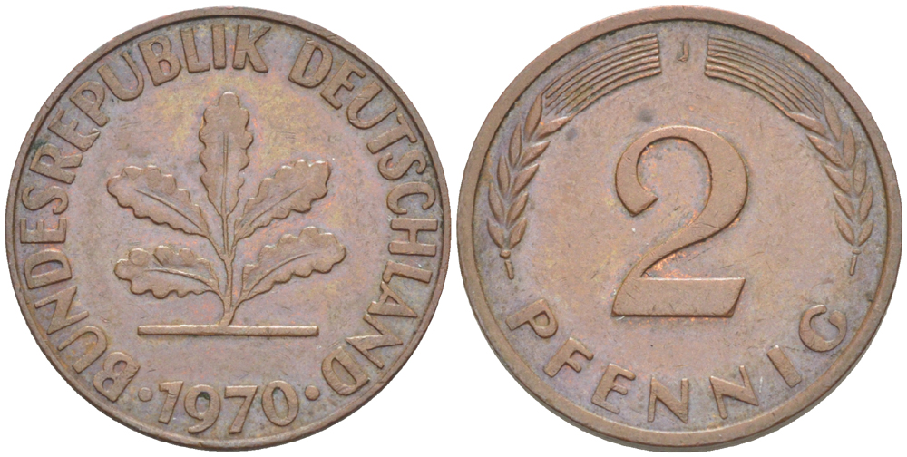 ФРГ 2 ПФЕННИГА 1970 J KM 106а, J. 381а сталь плакированная сталь плакированная медьюю 4181-758