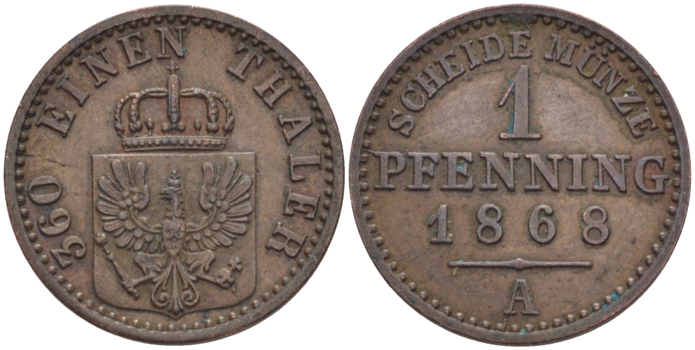 ПРУССИЯ 1 ПФЕННИГ 1868 А KM 480 медь 100-327