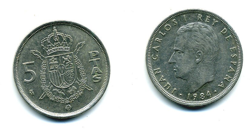 ИСПАНИЯ 5 ПЕСЕТ 1984 ХУАН КАРЛОС I (1975-) KM 823 медно-никель 51-4544