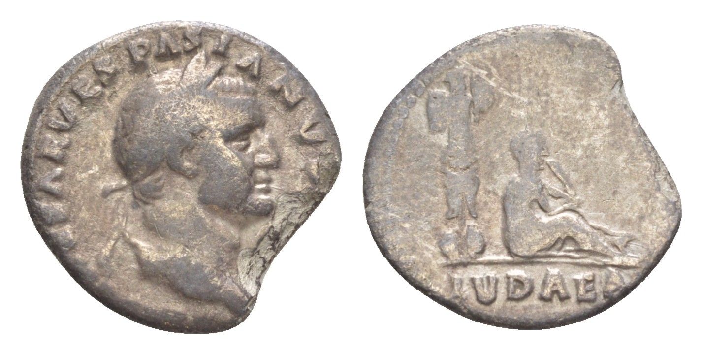 Римская Империя денарий 69-71 Веспасиан, IMP CAESAR VESPASIANVS AVG, голова императора/IVDAEA, персонификация поверженной Иудеи, сидящая под воздвигнутым военным трофеем, Рим RIC 15 серебро 1073-1-41