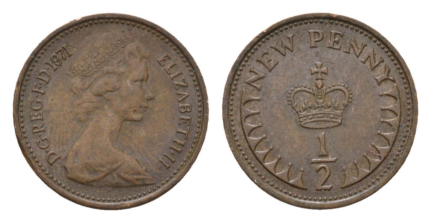Великобритания 1/2 пенни 1971 Елизавета II (1952-2022) KM 914, Spink 4239 (A1) бронза 4613-1048