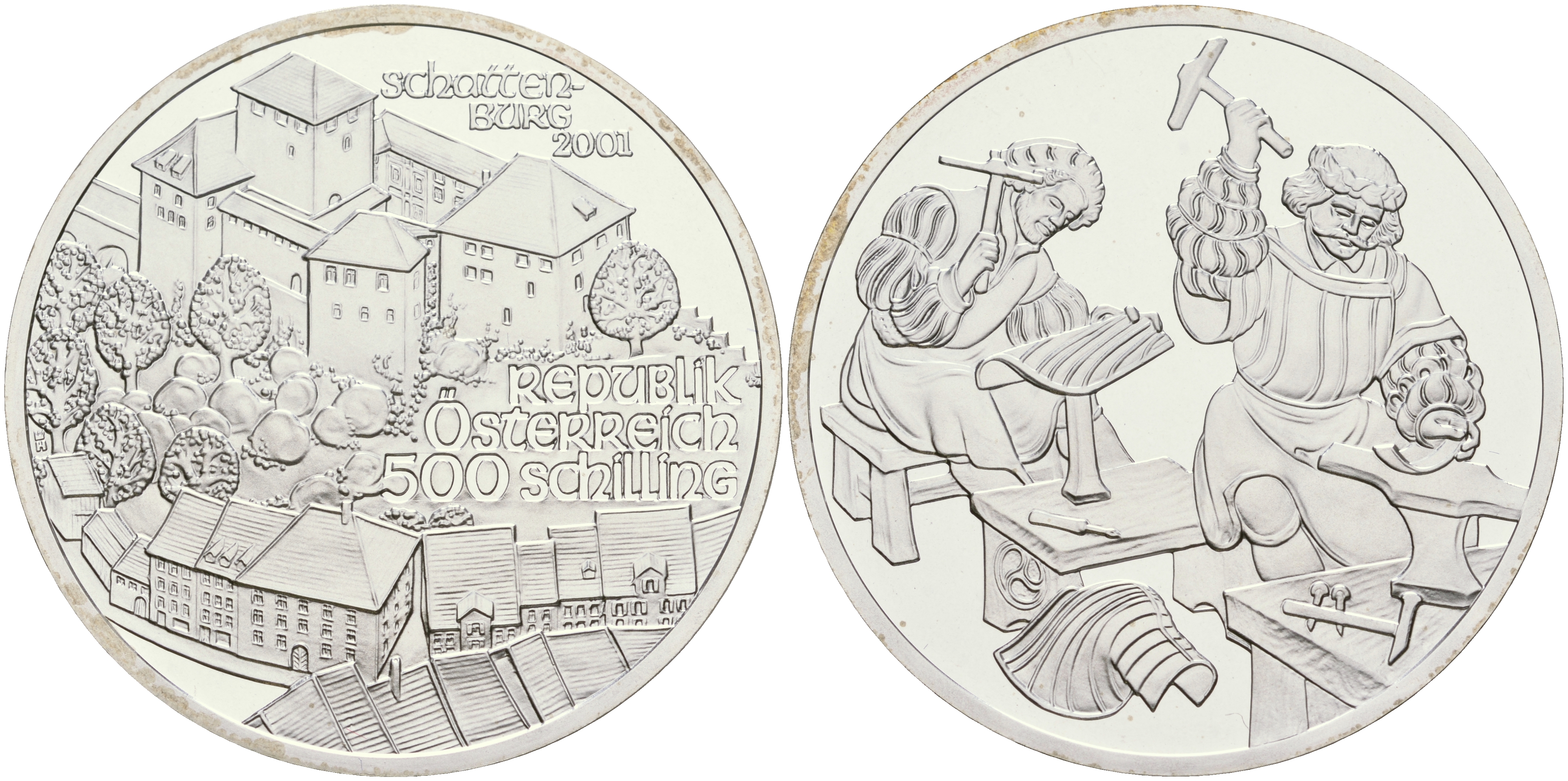 Австрия 500 шиллингов 2001 замок Шаттенбург, кузнецы KM 3080 серебро PROOF 06-256-21