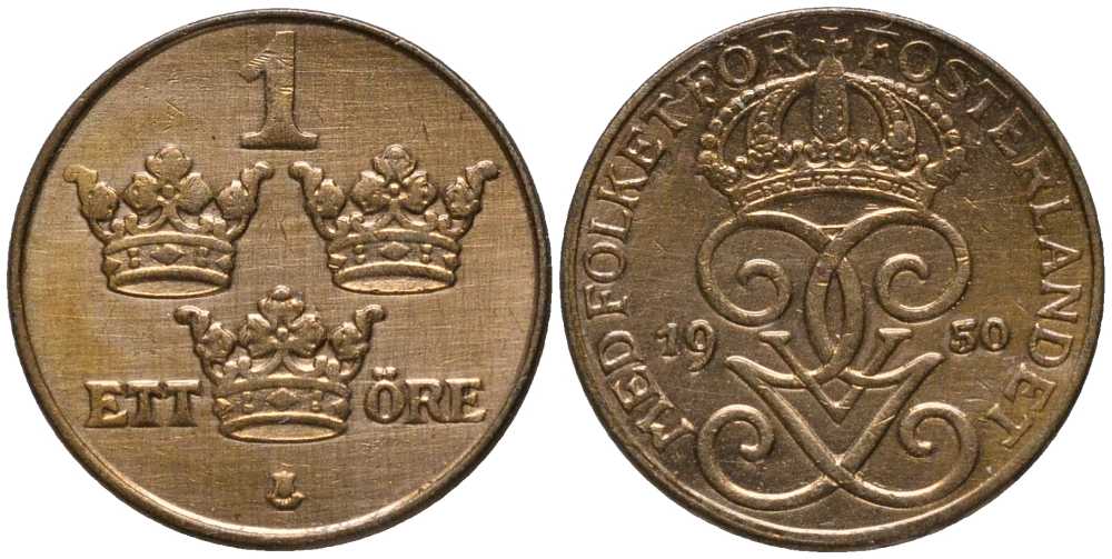 Швеция 1 эре 1950 Густав V (1907-1950), в лаке KM 777.2 бронза 201-1143