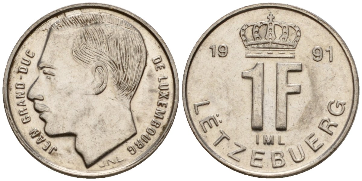 Люксембург 1 франк 1991 KM 63 сталь плакированная никелем 4602-326