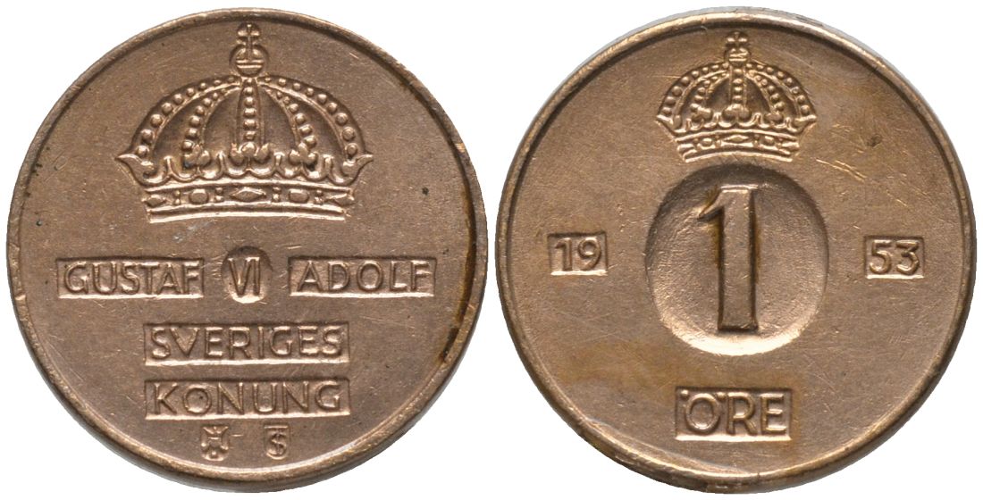 Швеция 1 эре 1953 TS, Густав VI Адольф (1950-1973), в лаке KM 820 бронза 54-211