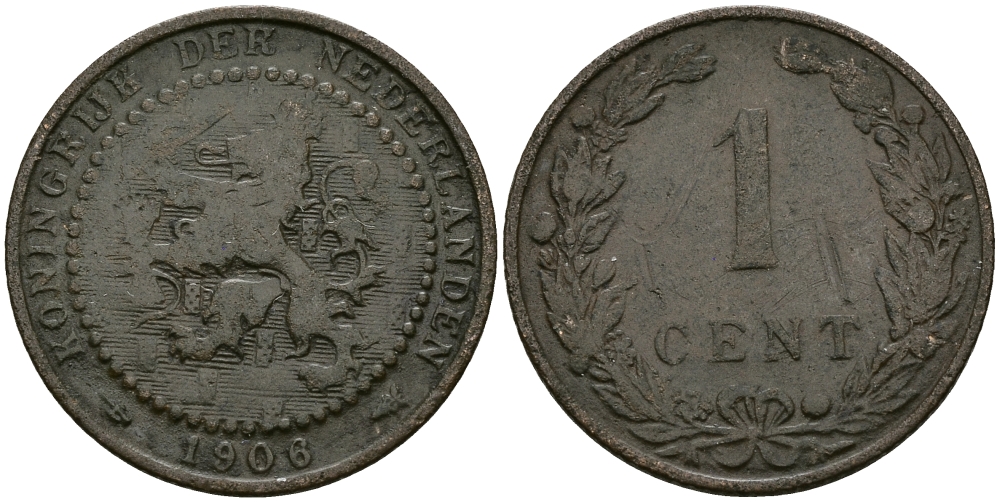 НИДЕРЛАНДЫ 1 ЦЕНТ 1906 ВИЛЬГЕЛЬМИНА (1890-1948) KM 132.1 бронза 176-639