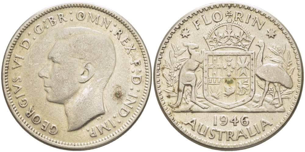 Австралия 1 флорин 1946 Георг VI (1936-1952), герб Австралии KM 40а серебро 4512-1225