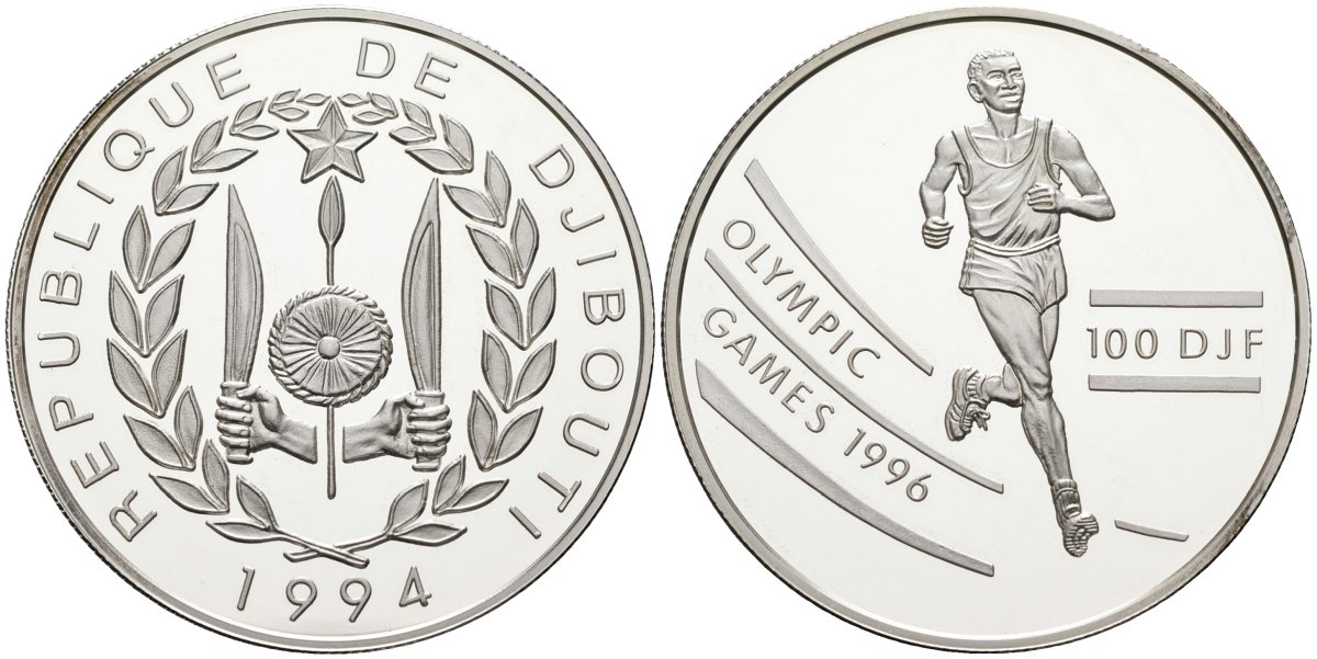 Джибути 100 франков 1994 олимпийские игры 1996 года в Атланте, бег, тираж 30000 экз. KM 30 серебро PROOF 00-00