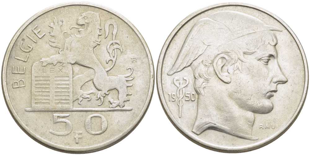 Бельгия 50 франков 1950 Belgie, Лоепольд III (1934-1950) KM 137 серебро 115-746