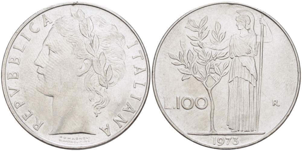 ИТАЛИЯ 100 ЛИР 1973 R, АФИНА, ДИАМЕТР 28 ММ. KM 96.1 нержавеющая сталь 4512-315