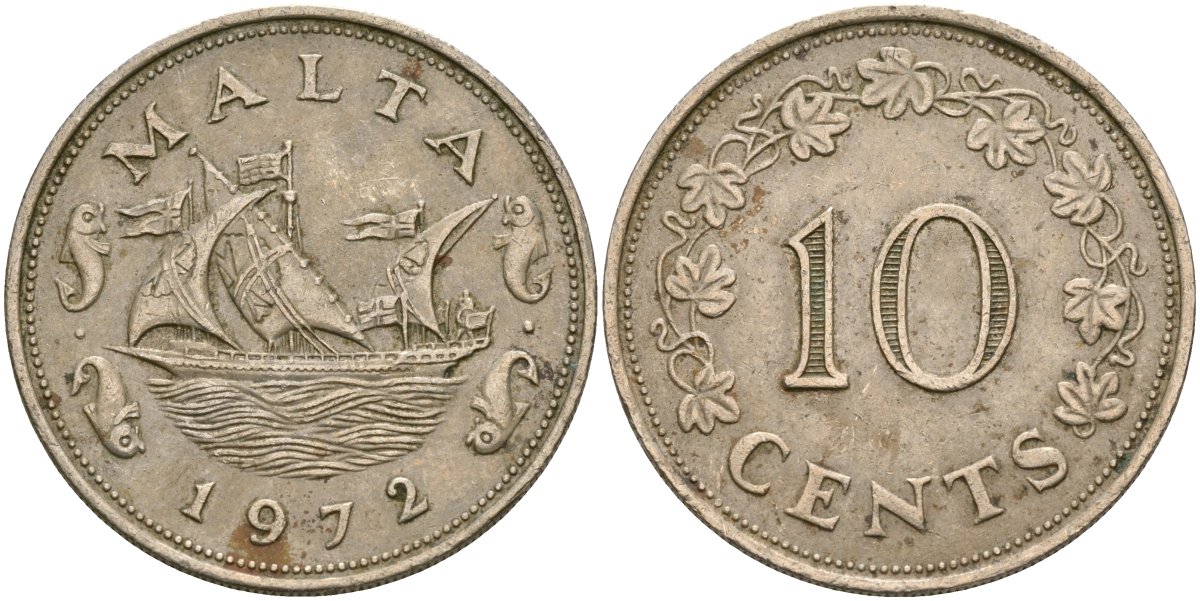Мальта 10 центов 1972 баржа Великого магистра KM 11 медно-никель 4137-916