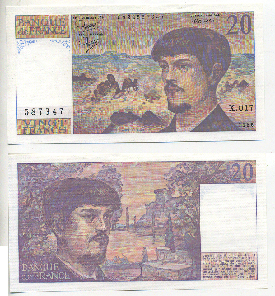 ФРАНЦИЯ 20 ФРАНКОВ 1986 Pick 151a бумага UNC (ПРЕСС) 7553-39-3
