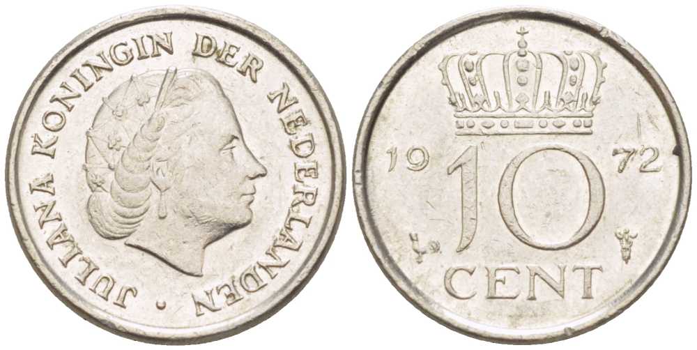 Нидерланды 10 центов 1972 Юлиана (1948-1980) KM 182 никель 214-1262