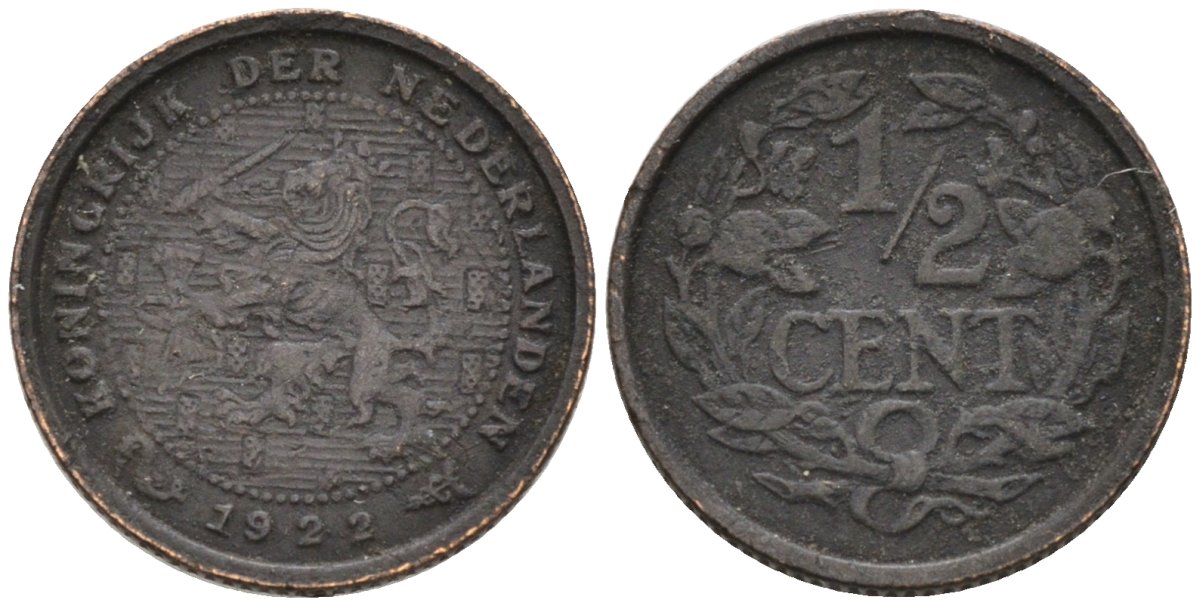 Нидерланды 1/2 цента 1922 Вильгельмина (1890-1948) KM 138 бронза 4576-434