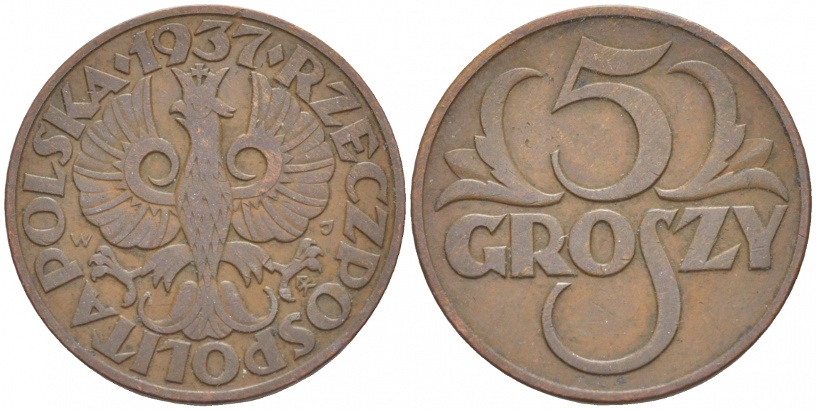 ПОЛЬША 5 ГРОШЕЙ 1937 w KM 10a бронза 4549-238