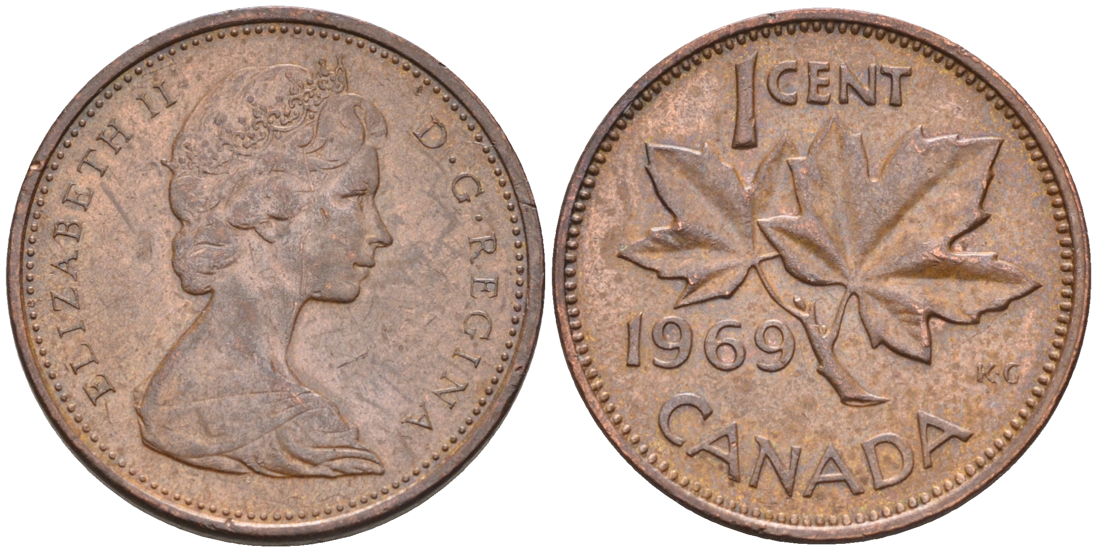 Канада 1 цент 1969 Елизавета II (1952-2022), кленовый лист KM 59.1 бронза 4147-252