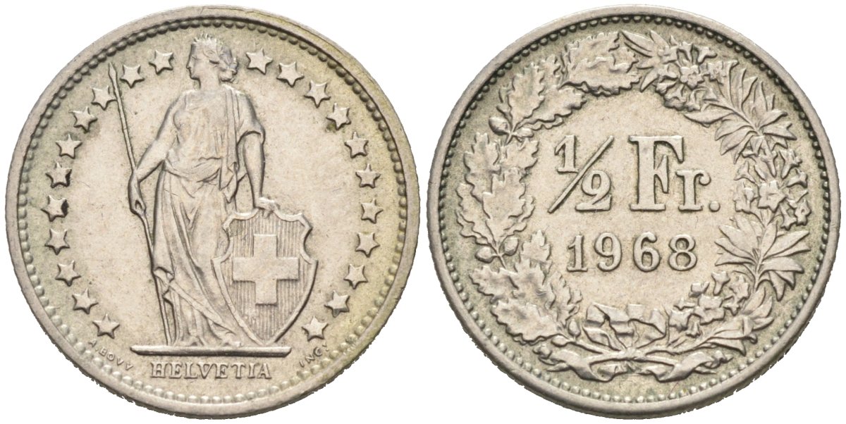 Швейцария 1/2 франка 1968 KM 23а.1 медно-никель 4567-933