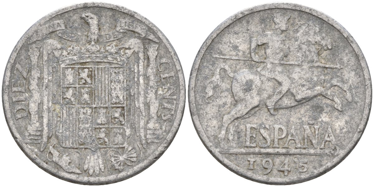 Испания 10 сентимо 1945 Франсиско Франко (1939 - 1975) KM 766 алюминий 4155-227