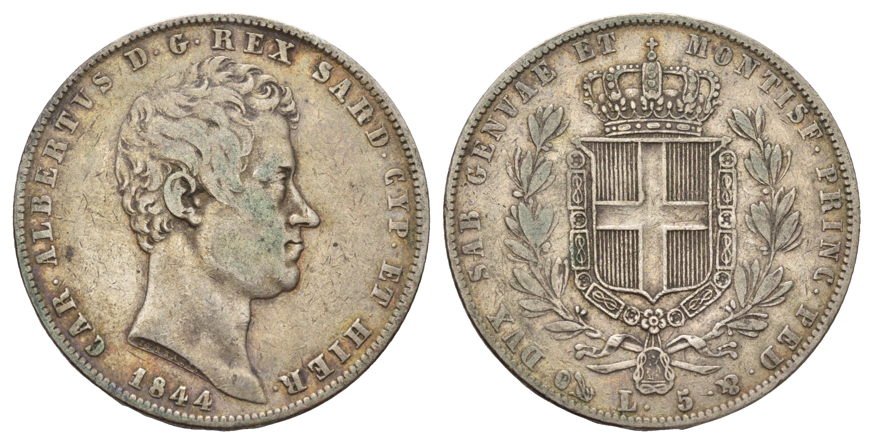 ИТАЛИЯ Сардиния 5 лир 1844 Карл Альберт (1831-1849) KM 130 серебро 413-143