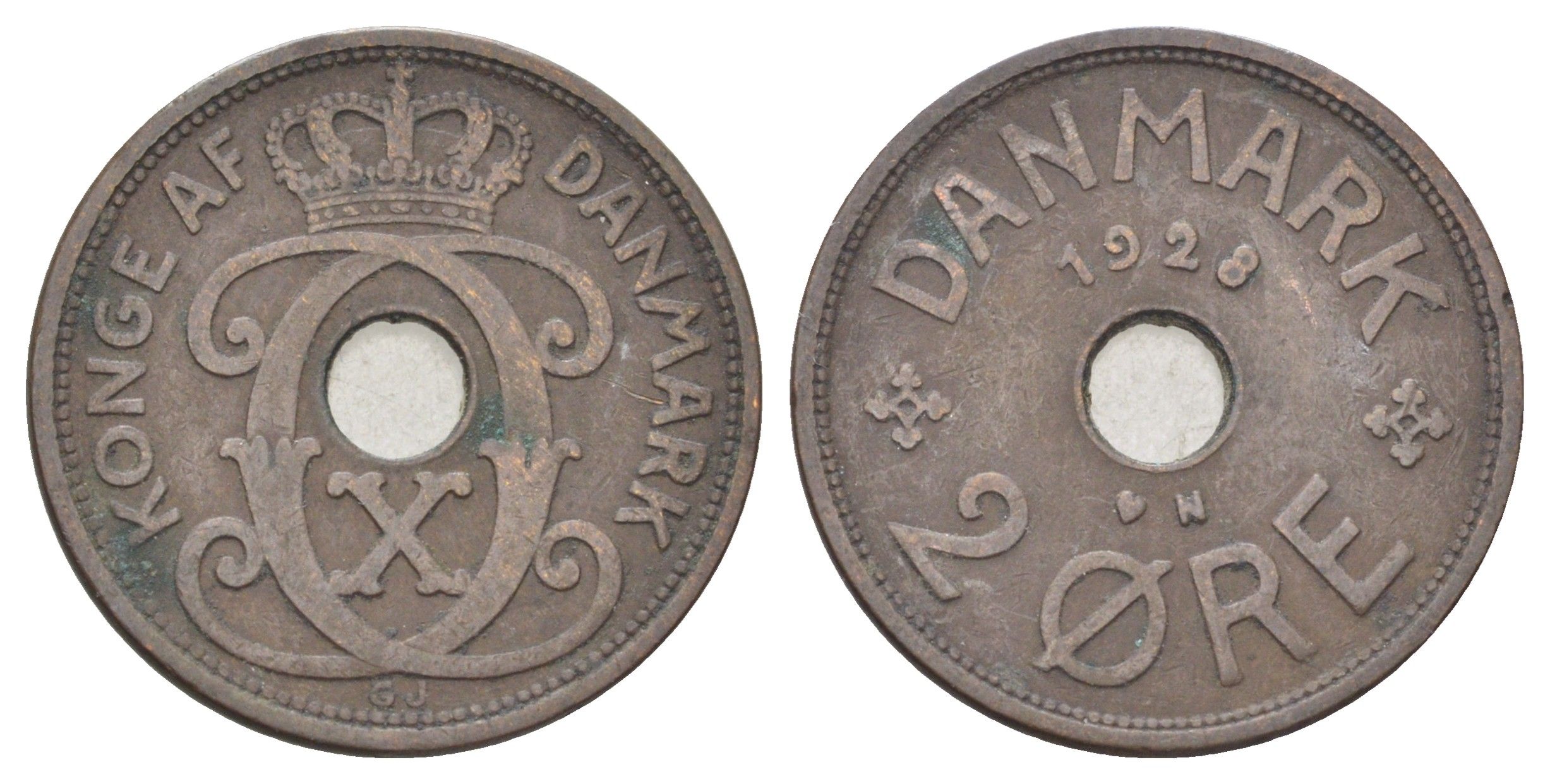 Дания 2 эре 1928 N, Кристиан X (1912-1947) KM 827 бронза 4701-666