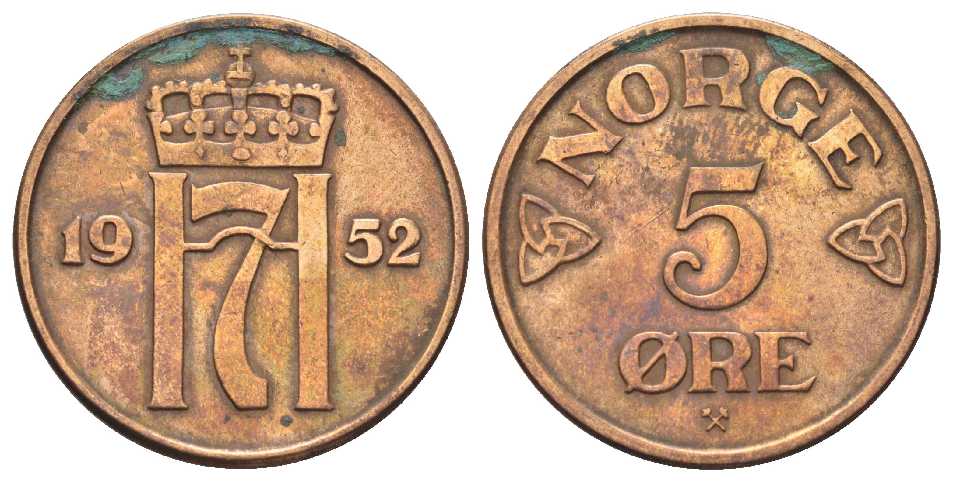 Норвегия 5 эре 1952 Хокон VII (1905-1957) KM 400 бронза 4700-742