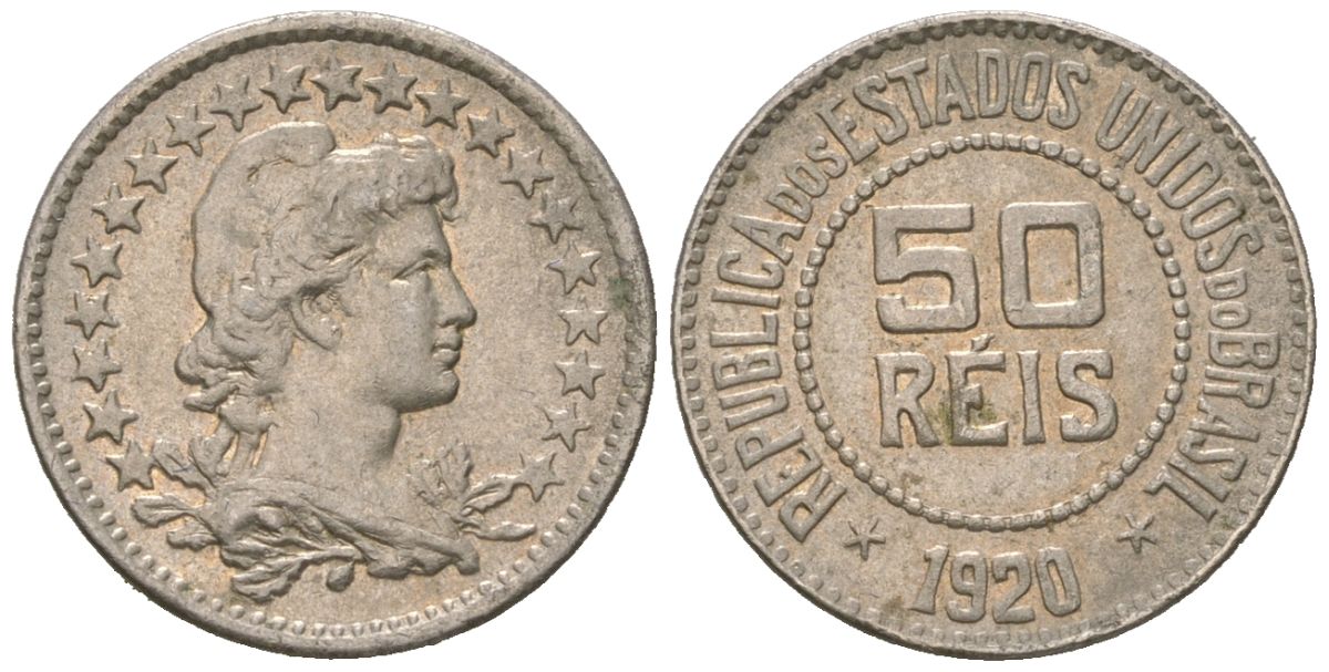 Бразилия 50 рейс 1920 редкий год - тираж 72.000 экземпляра KM 517 медно-никель 4615-613