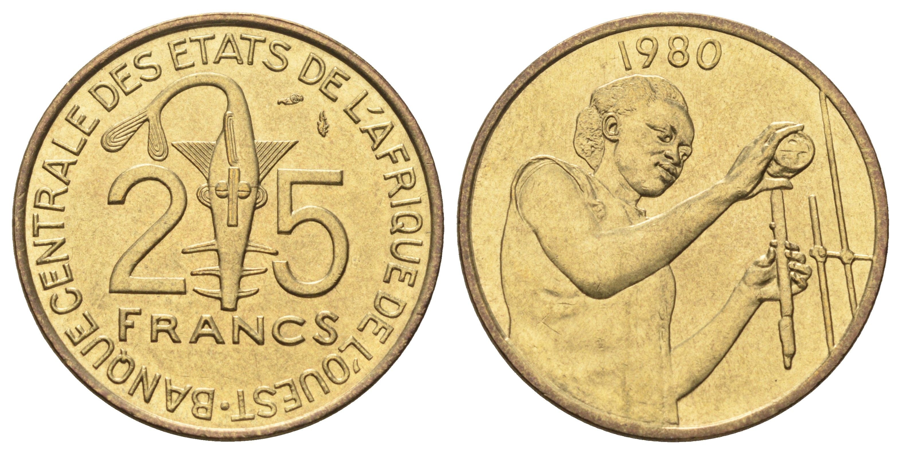 Западная Африка (ВСЕАО) 25 франков 1980 KM 9 алюминиевая бронза 65-357