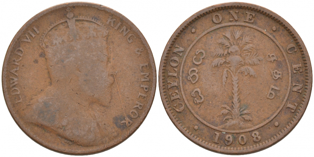 ЦЕЙЛОН 1 ЦЕНТ 1908 ЭДУАРД VII KM 102 медь 68-715