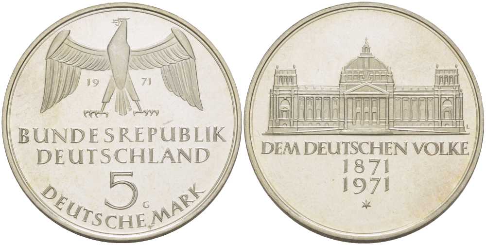 ФРГ 5 марок 1971 G, 100 лет основания Германской Империи KM 128.1, J. 409 серебро PROOF 180-1022