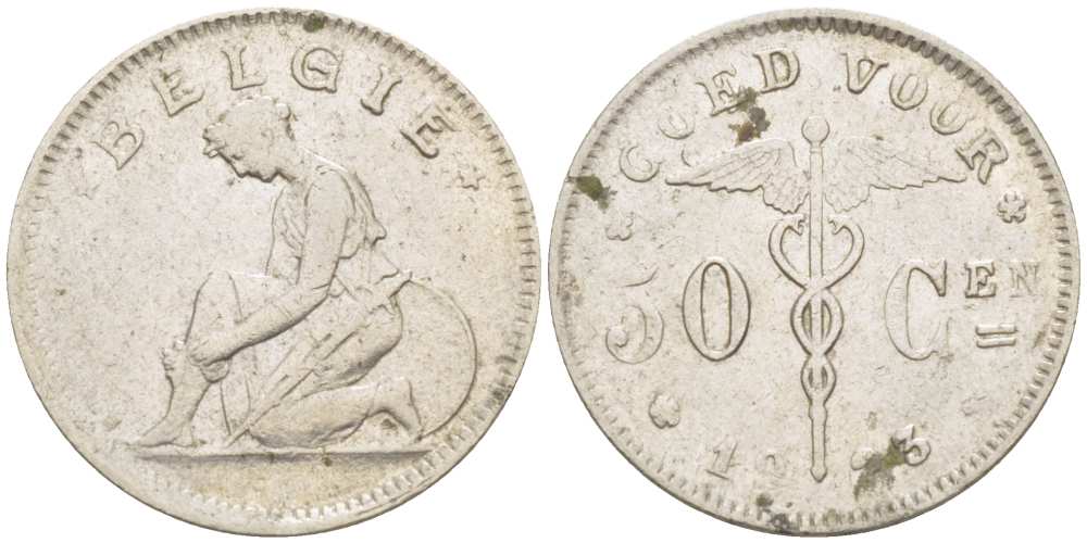 БЕЛЬГИЯ 50 САНТИМОВ 1923 BELGIE KM 88 никель 100-1043