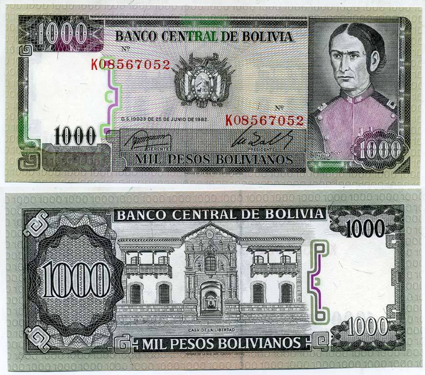 Боливия 1000 песо боливиано 1982 Хуана Асурдуй де Падилья Pick 167a (3) бумага UNC (пресс) 6283-18-1