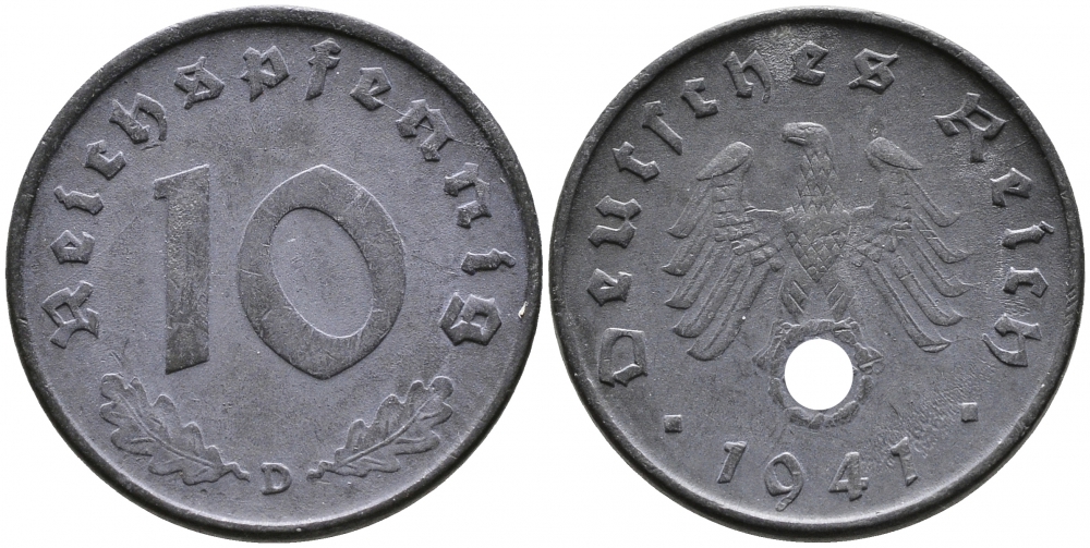 ГЕРМАНИЯ 10 РЕЙХСПФЕННИГОВ 1941 D KM 101, J 371 цинк 4525-1226