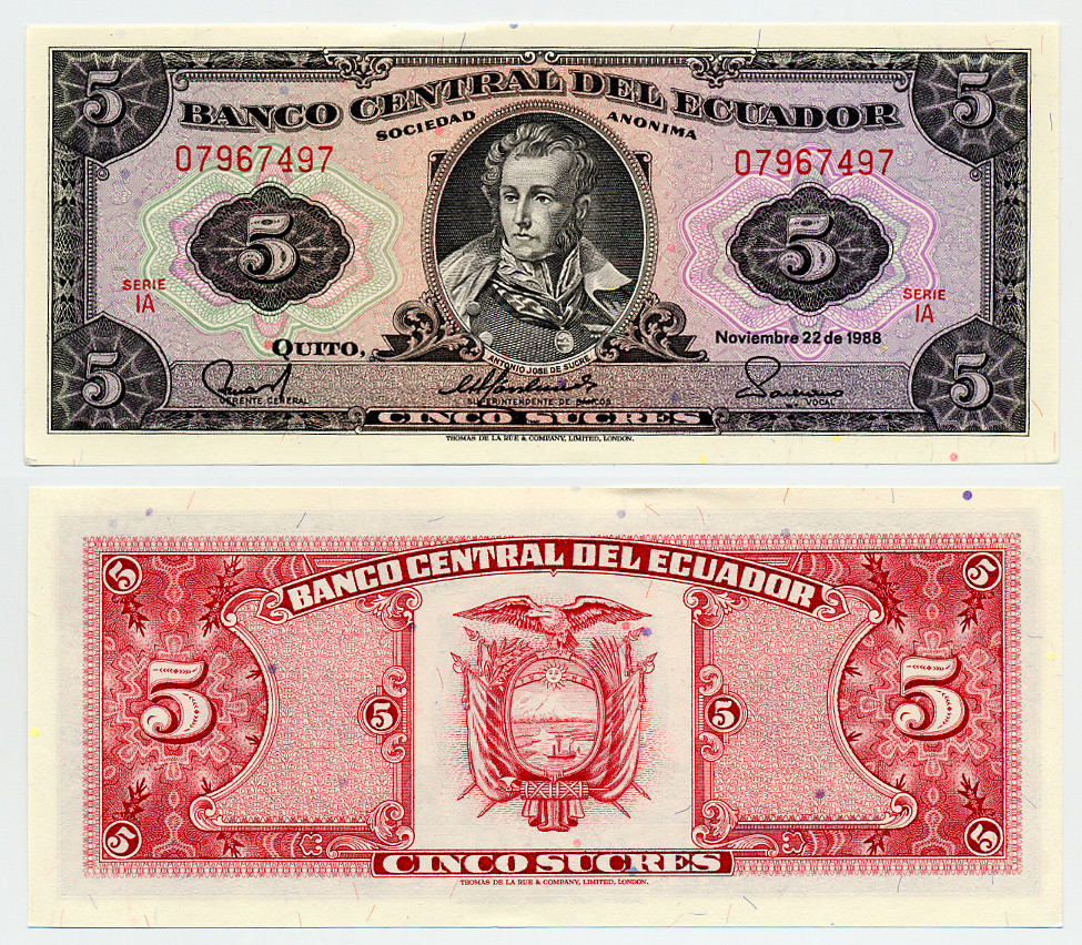 ЭКВАДОР 5 СУКРЕ 1988 Pick 113d бумага aUNC 6283-3-2