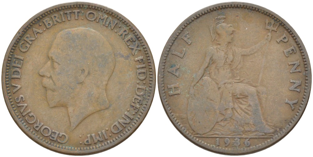 Великобритания 1/2 пенни 1936 Георг V (1910-1936) KM 837, Spink 4058 бронза 4514-1152