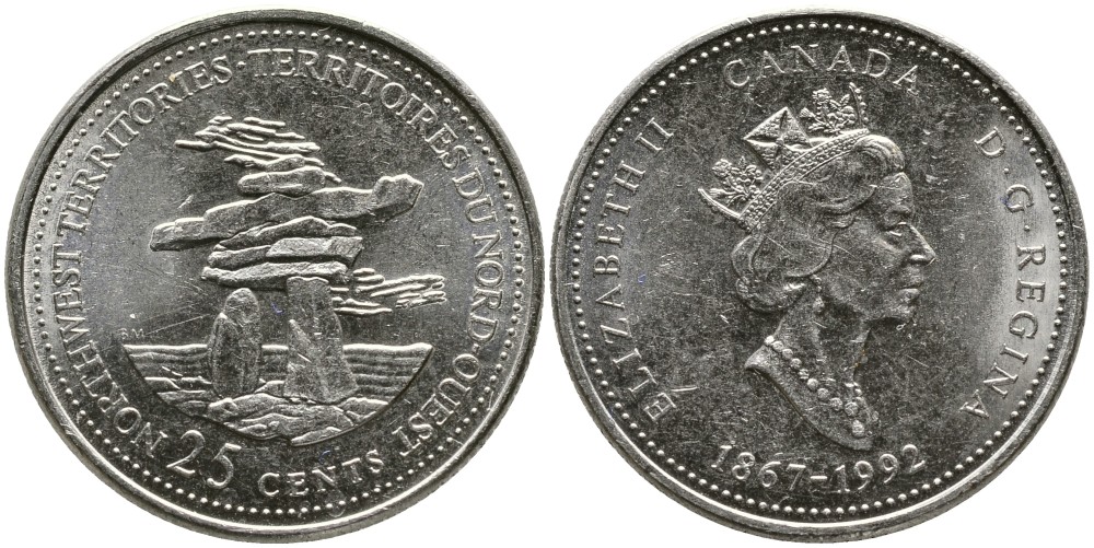 КАНАДА 25 ЦЕНТОВ 1992 125 ЛЕТ КОНФЕДЕРАЦИИ, ЕЛИЗАВЕТА II (1952-), СЕВЕРО-ЗАПАДНЫЕ ТЕРРИТОРИИ, ТРЕТИЙ ПОРТРЕТ В КОРОНЕ KM 212 никель 4543-812