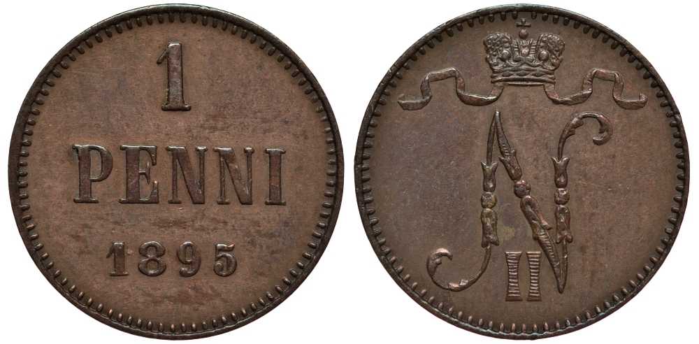РОССИЯ ДЛЯ ФИНЛЯНДИИ 1 ПЕННИ 1895 НИКОЛАЙ II Биткин 458 медь 3309-822