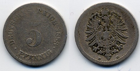 ГЕРМАНИЯ 5 ПФЕННИГОВ 1888 D, СТАРОГЕРБОВКА KM 3, J. 3 медно-никель 51-5034