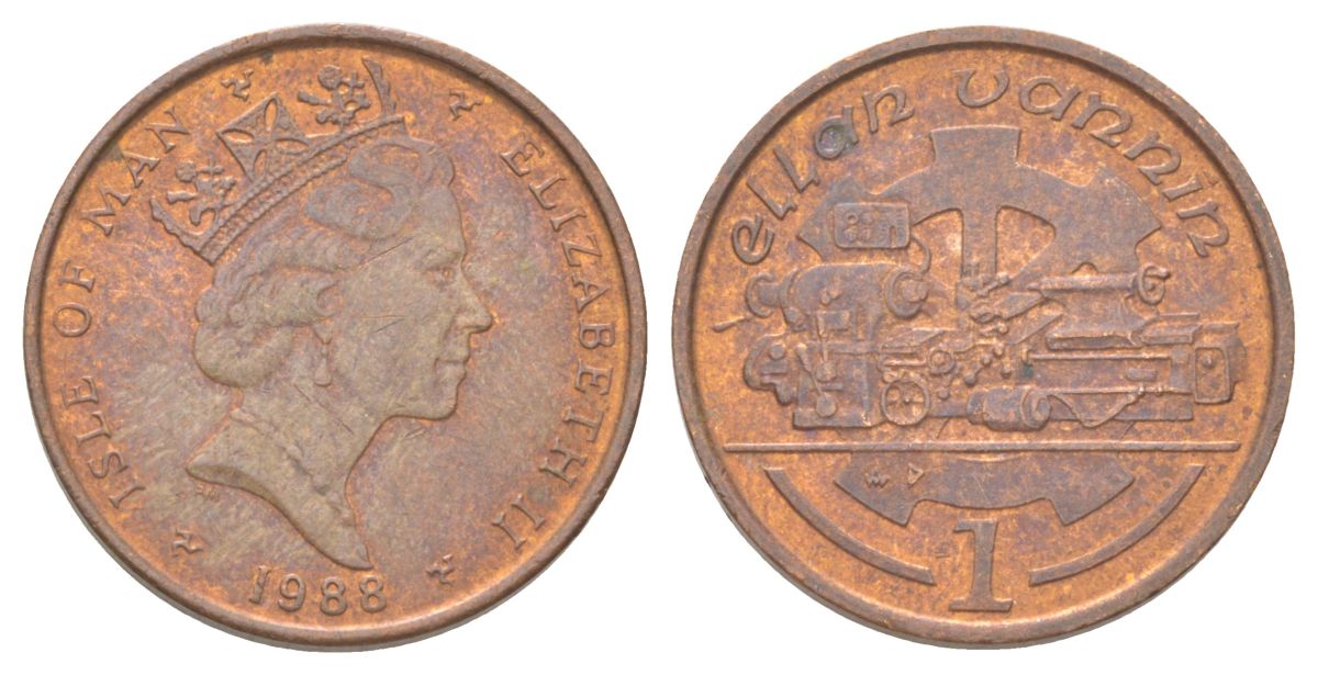 Остров Мэн 1 пенни 1988 АА, токарный станок, Елизавета II (1952) KM 207 бронза aUNC 4625-366