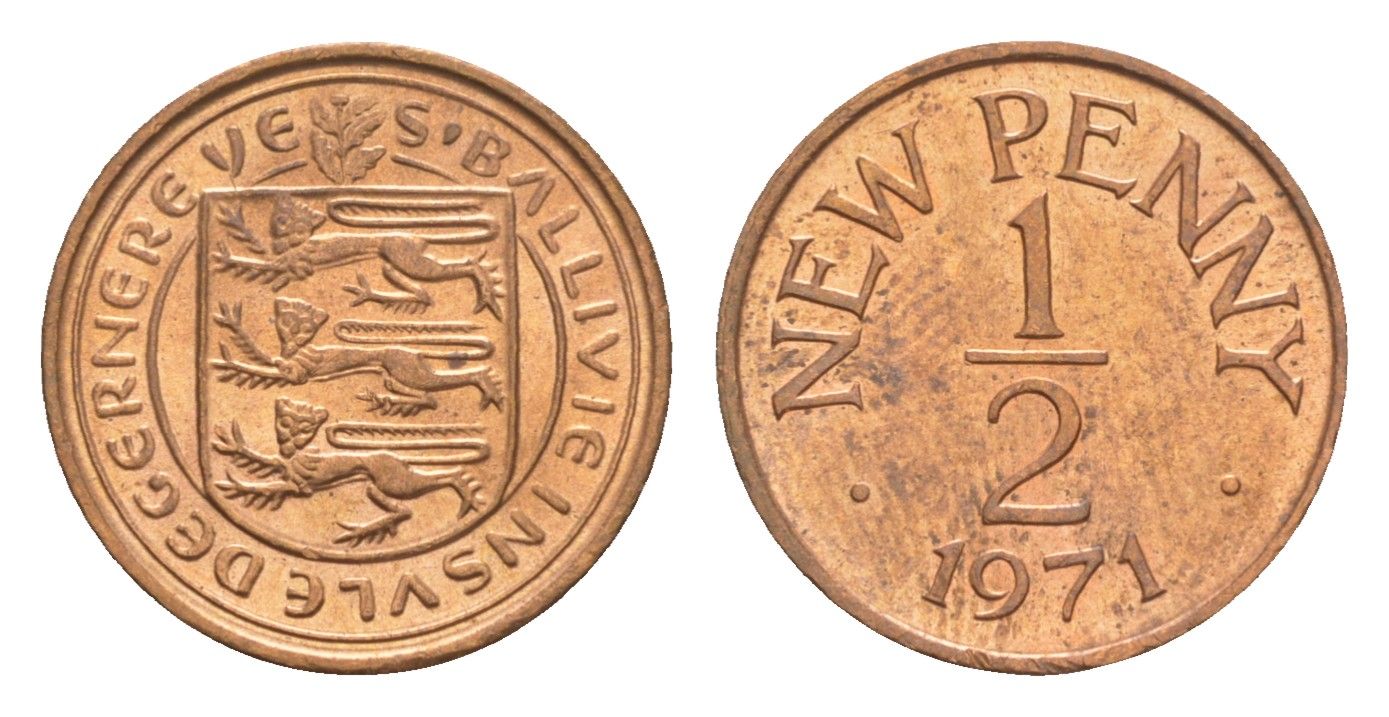 Гернси 1/2 нового пенни 1971 Елизавета II (1952-2022), герб KM 20 бронза UNC 4655-934