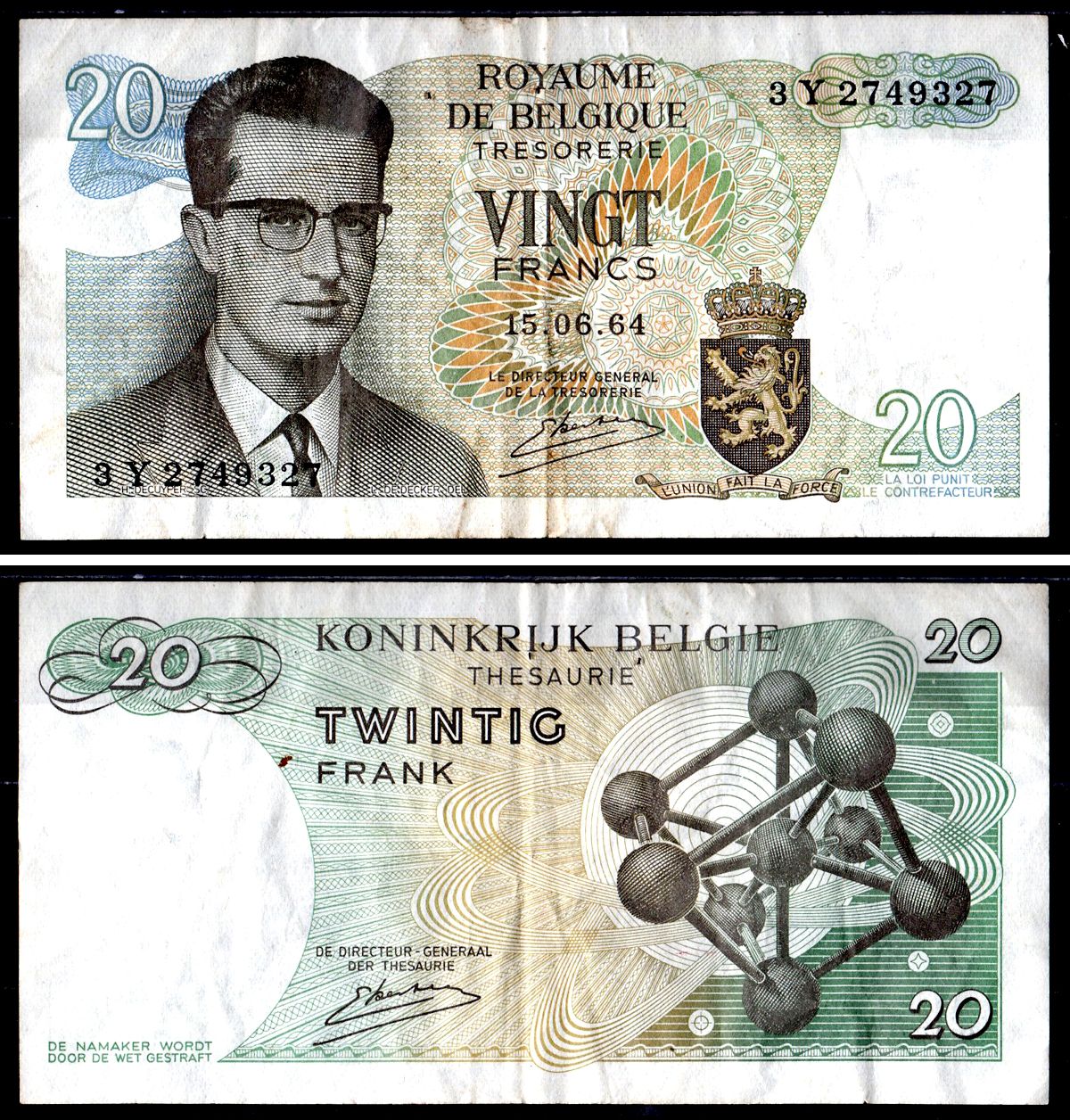 Бельгия 20 франков 1964 Pick 138 (3) бумага 7551-13-1-2