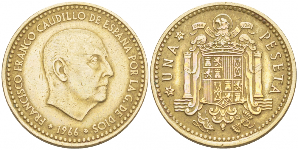 ИСПАНИЯ 1 ПЕСЕТА 1966 (70) ФРАНСИСКО ФРАНКО ДИКТАТОР ИСПАНИИ (1939-1975) КМ 796 алюминиевая бронза 87-1452