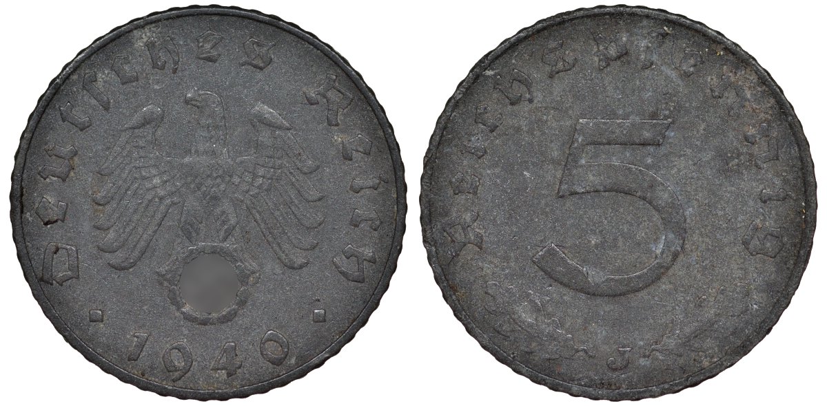 Германия 5 рейхспфеннигов 1940 J - Гамбург KM 91 цинк 4173-651
