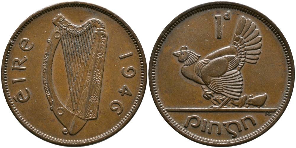 ИРЛАНДИЯ 1 ПЕННИ 1946 КУРИЦА С ЦЫПЛЯТАМИ KM 11 бронза 4531-643