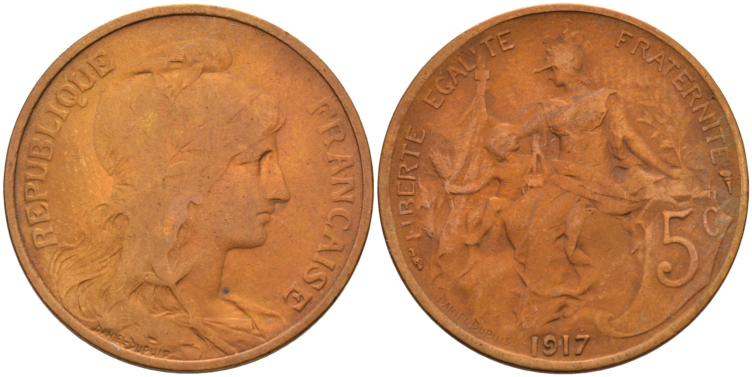 Франция 5 сантимов 1917 тип Дюпюи KM 842 бронза 4116-444