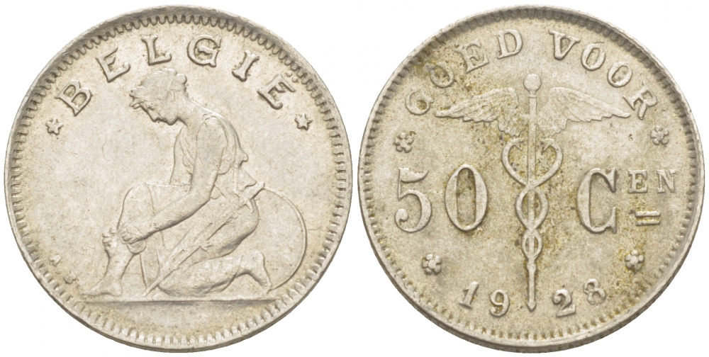 БЕЛЬГИЯ 50 САНТИМОВ 1928 BELGIE KM 88 никель 261-1162